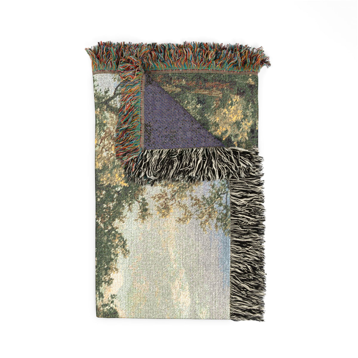 Prater Landscape blanket corner fold, green tree canopy and golden autumn foliage, purple-gray reverse, colorful fringe