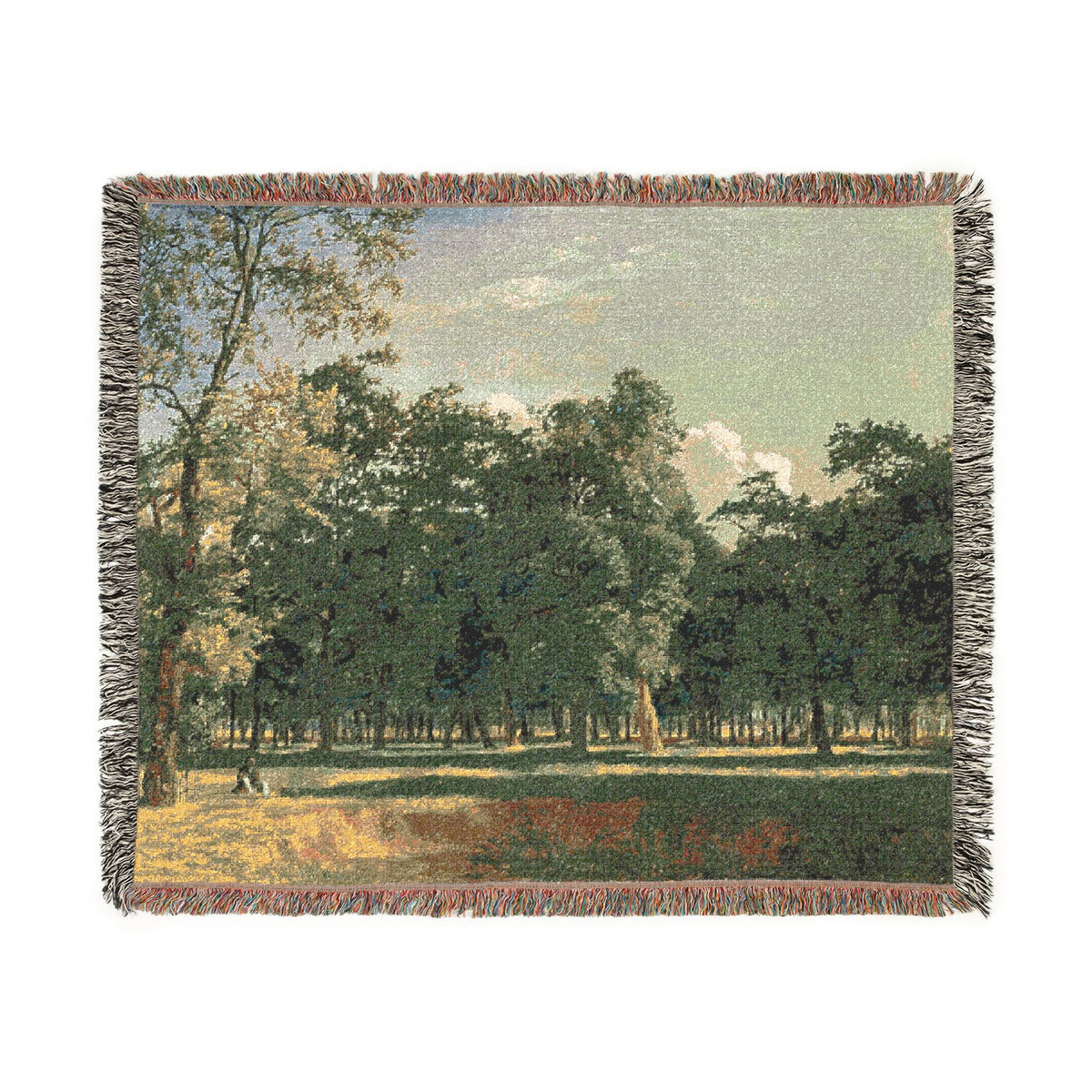 Prater Landscape woven blanket front, lush park scene with tall green trees, golden meadow, pale blue sky, fringe edge