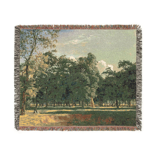 Prater Landscape woven blanket front, lush park scene with tall green trees, golden meadow, pale blue sky, fringe edge