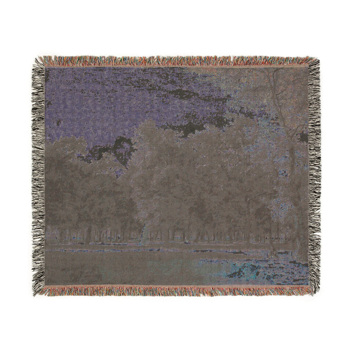 Prater Landscape blanket reverse side, purple-gray muted tree silhouettes and sky barely visible, fringe edges