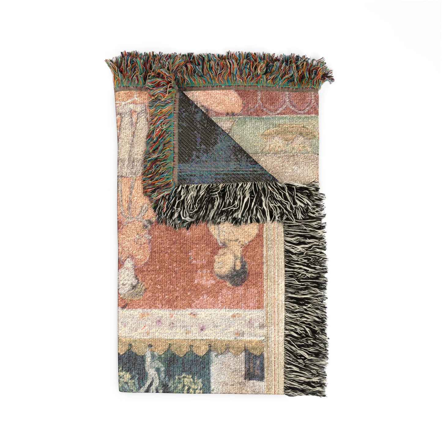 Raja's son Tuti-nama woven throw blanket folded corner, Mughal scene in terracotta front and charcoal reverse