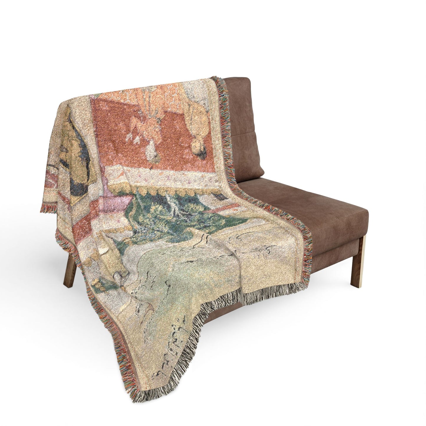 Raja's son Tuti-nama woven throw blanket over sofa, Persian miniature art in terracotta, sage, and forest green