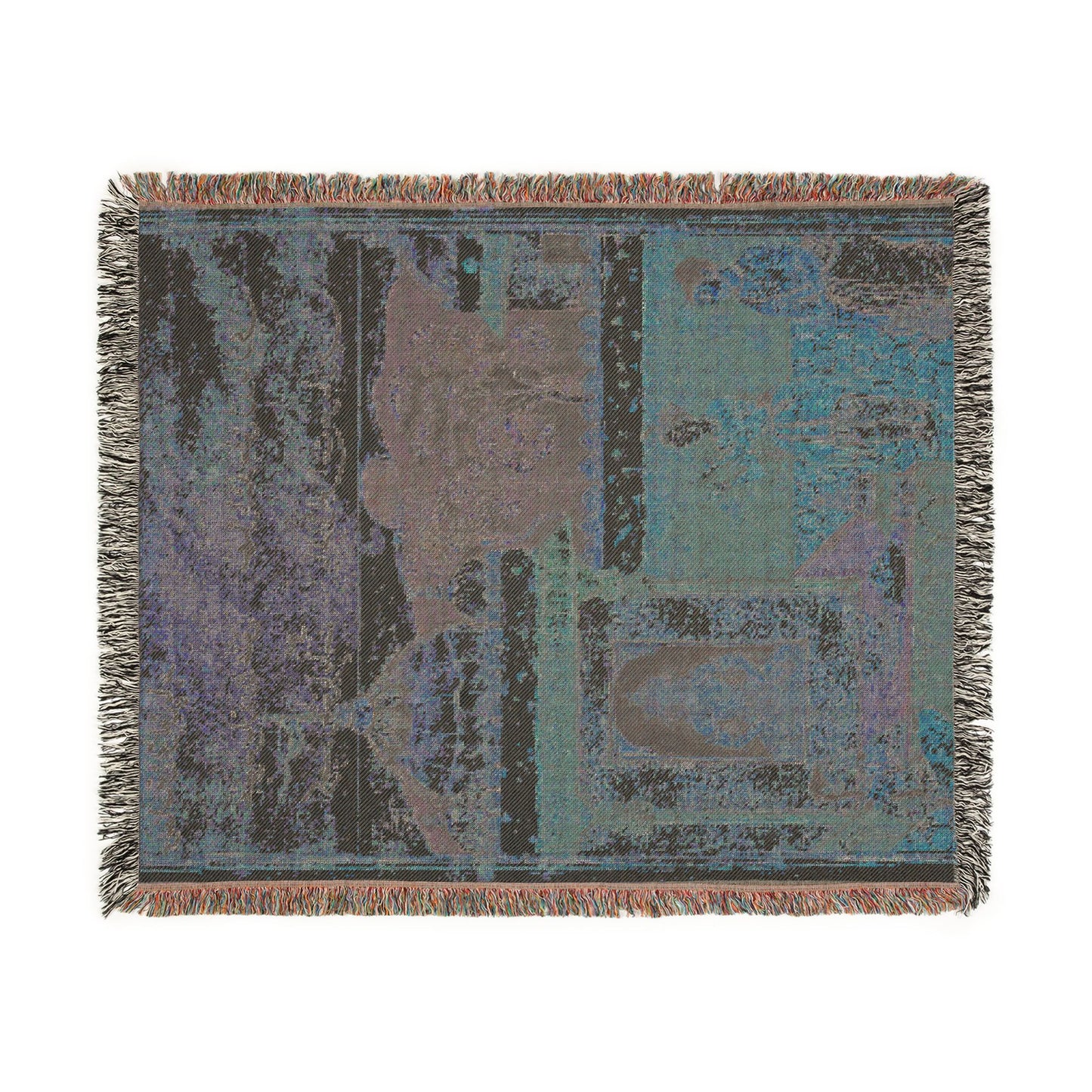 Raja's son Tuti-nama woven throw blanket reverse side, dark charcoal with blue-grey Mughal architectural shapes