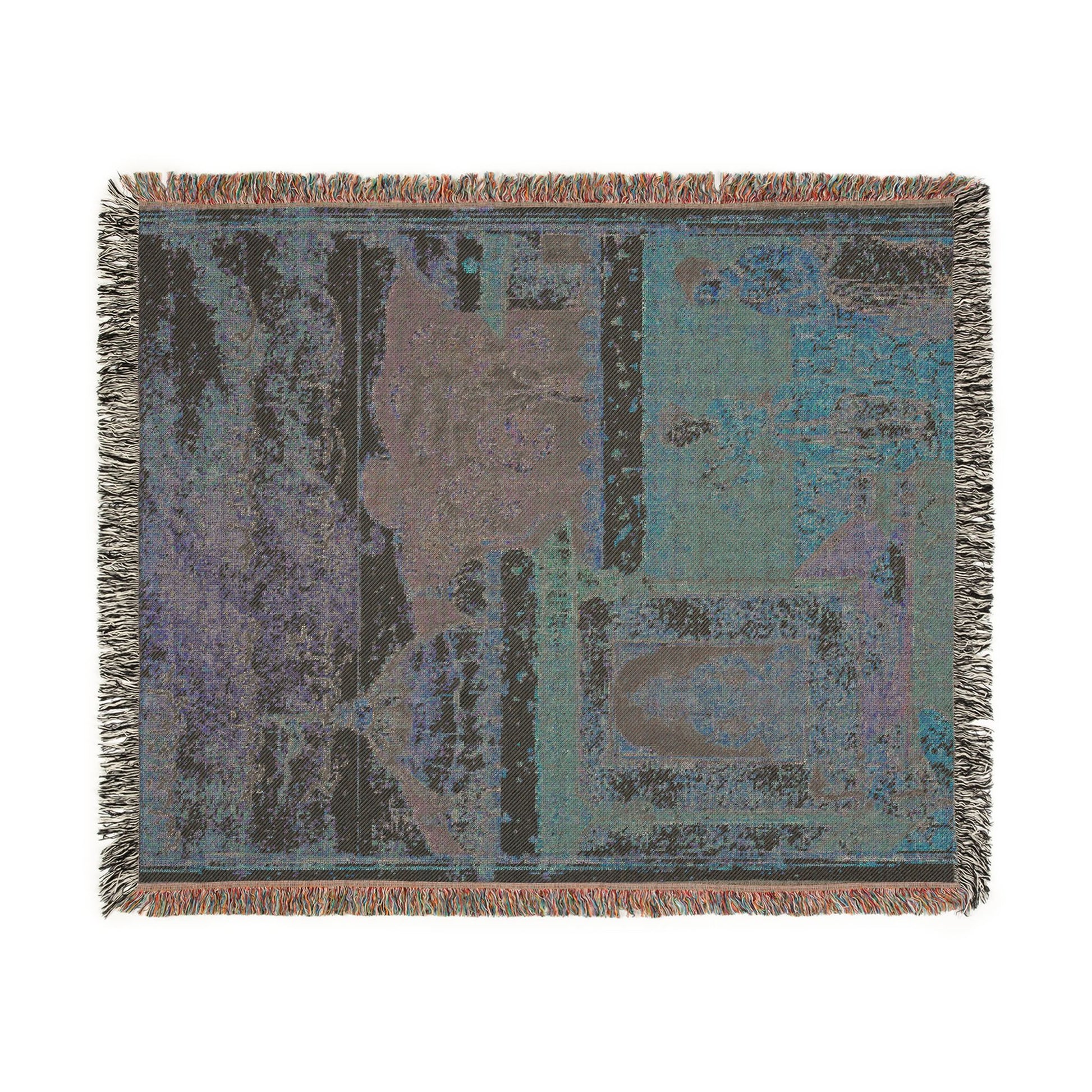 Raja's son Tuti-nama woven throw blanket reverse side, dark charcoal with blue-grey Mughal architectural shapes