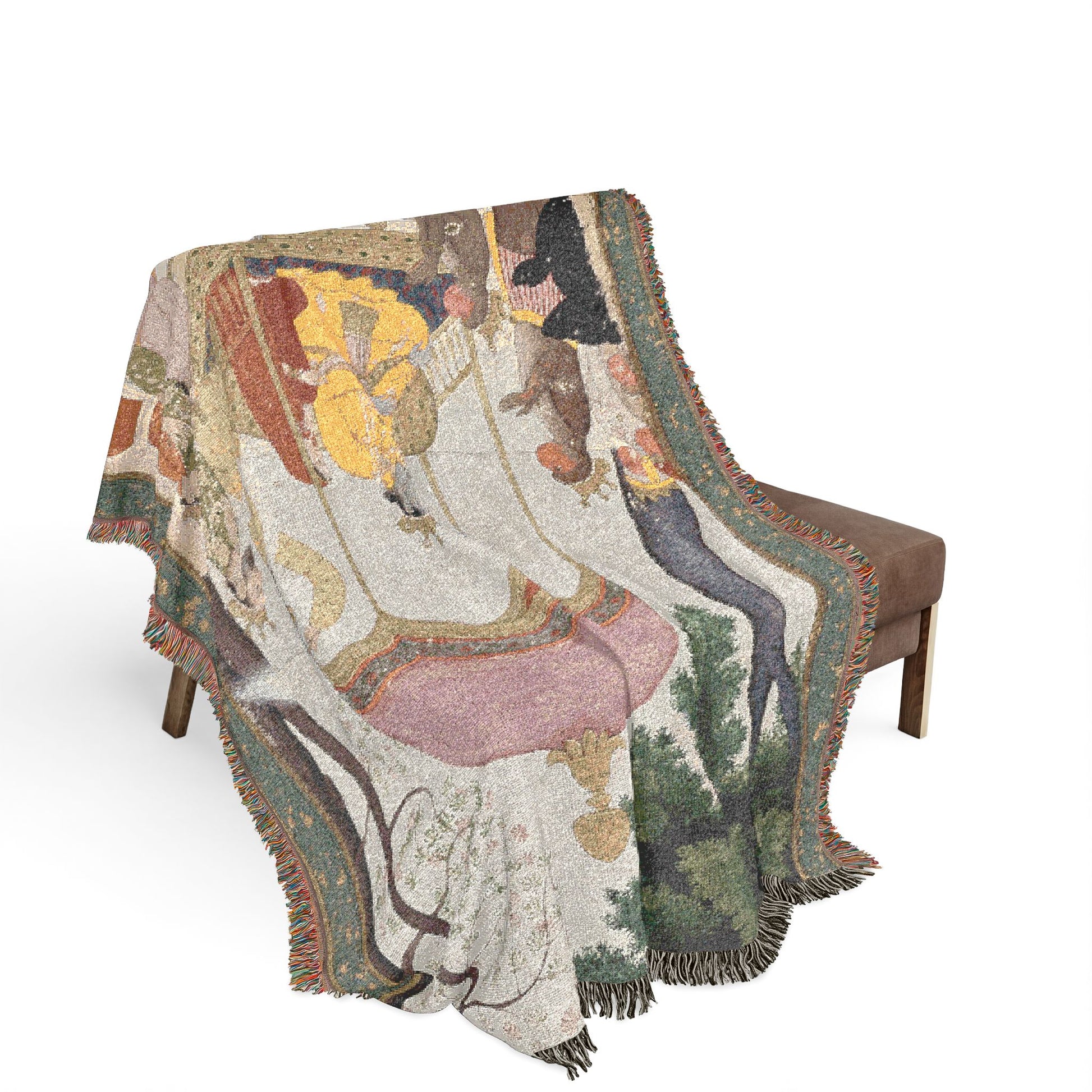 Enthroned Rama and Sita woven throw blanket draped over a sofa
