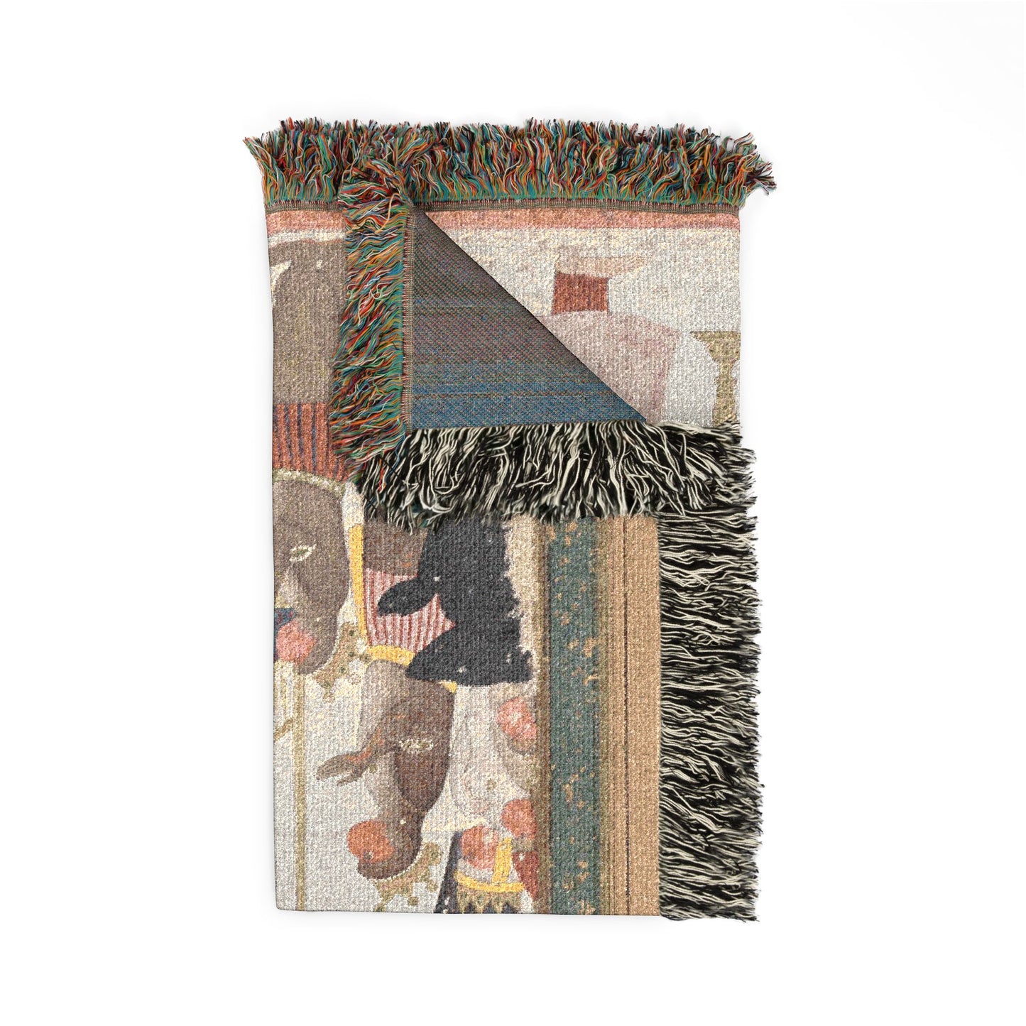 Ramayana Rama Sita throw blanket folded monkey bear ally figures white front teal reverse dark fringe visible
