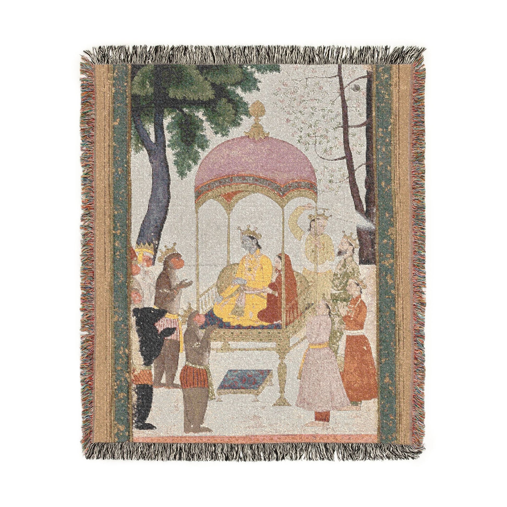 Enthroned Rama and Sita woven throw blanket, flat lay