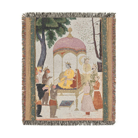 Enthroned Rama and Sita woven throw blanket, flat lay