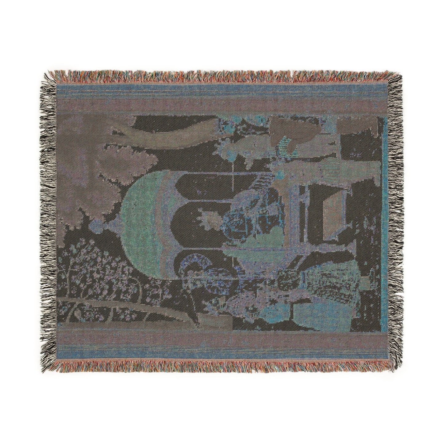 Ramayana throw blanket flat lay reverse side dark teal charcoal enthronement weave blue border fringed edge