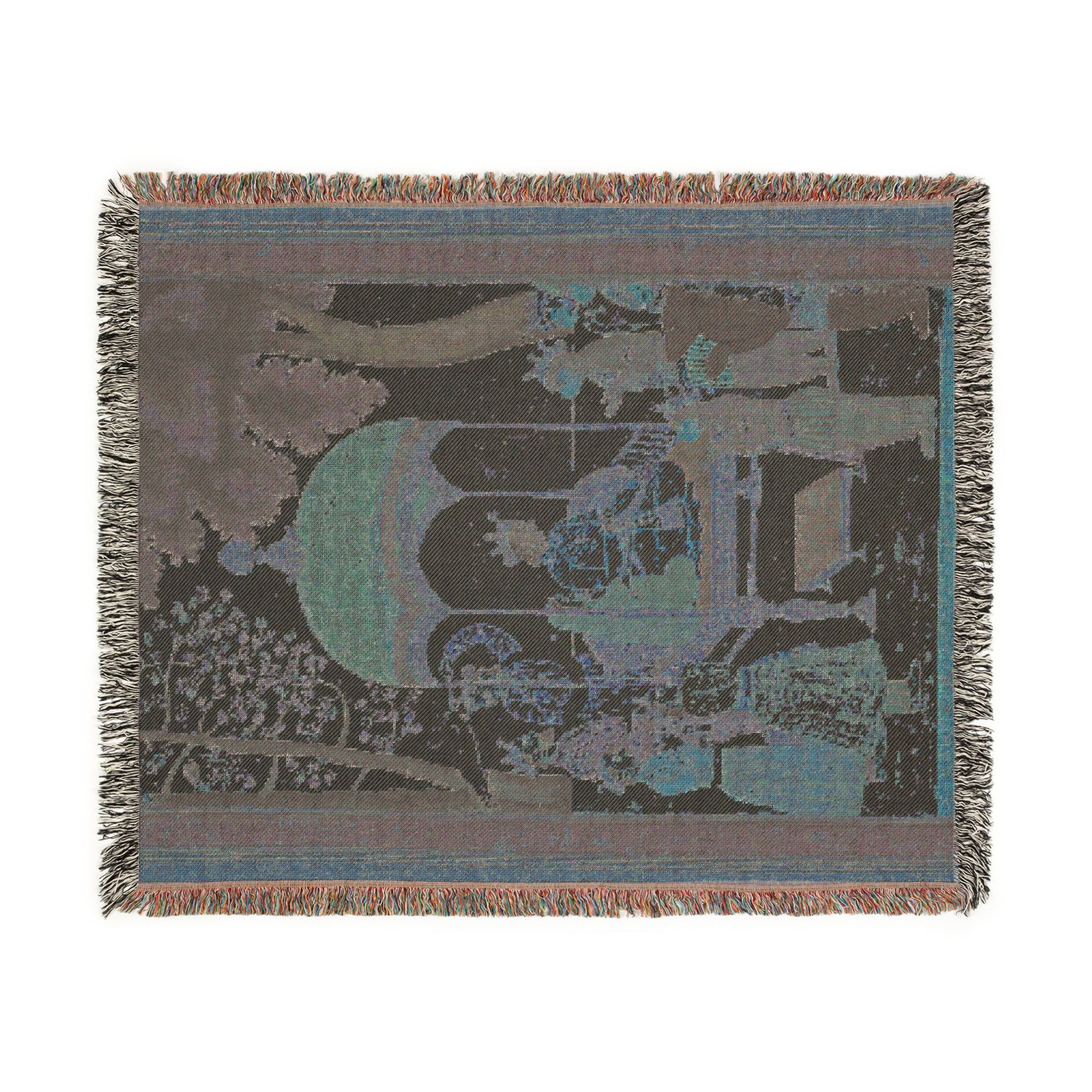 Ramayana throw blanket flat lay reverse side dark teal charcoal enthronement weave blue border fringed edge