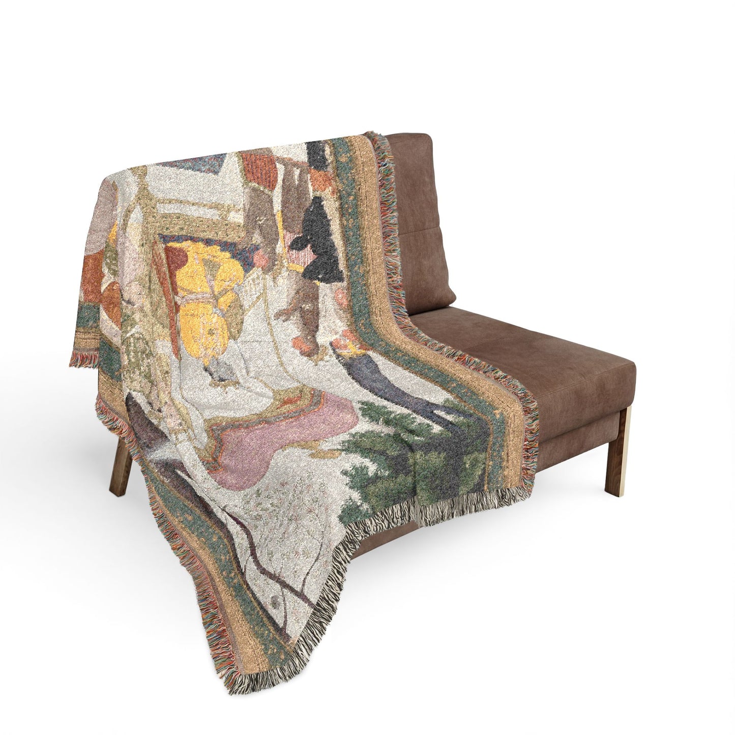 Ramayana throw blanket on armchair Rama Sita golden canopy white ground green border fringe in-room setting