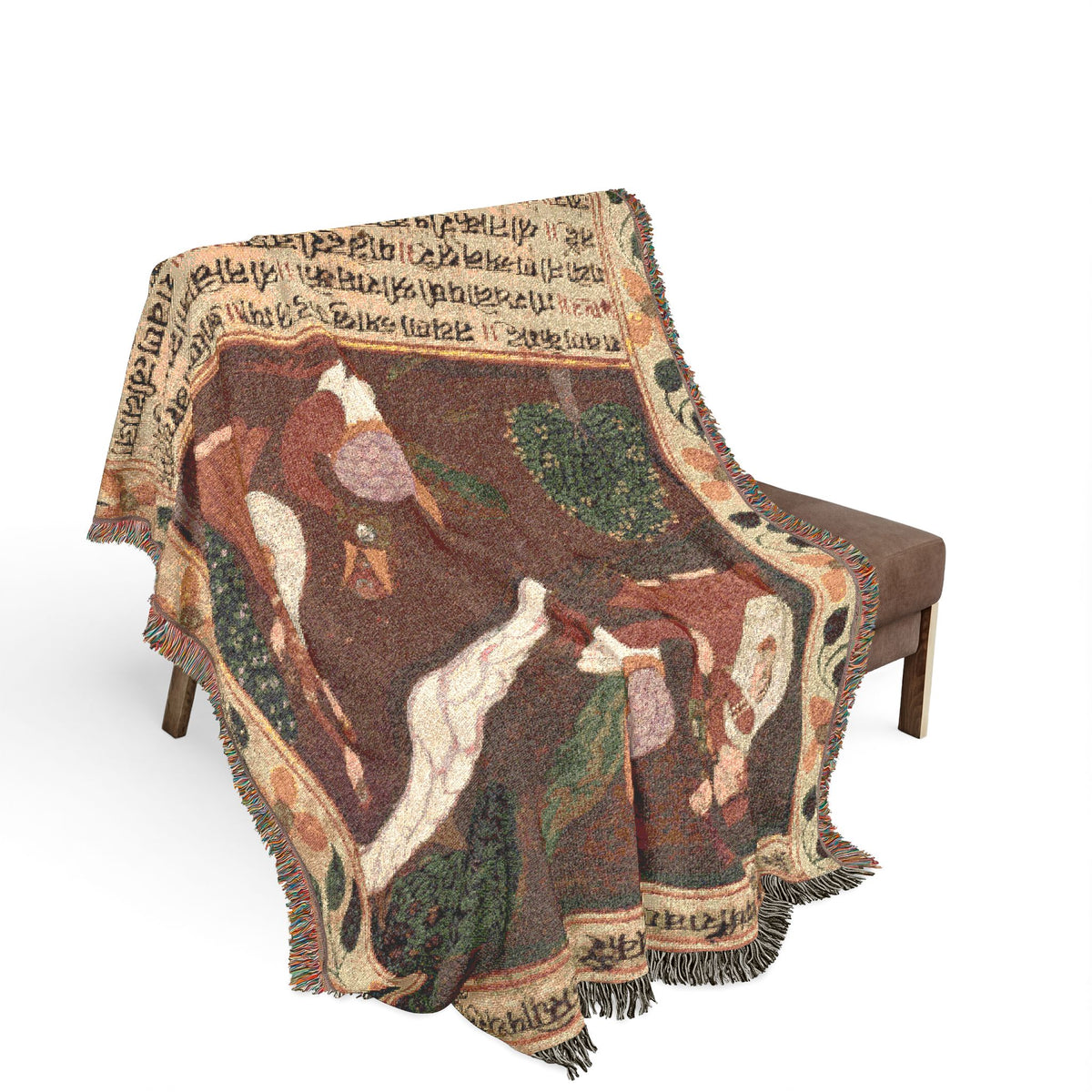 Ravana Jatayu blanket draped over wooden bench, Indian manuscript battle scene, earth tones, fringe edge, in-room view