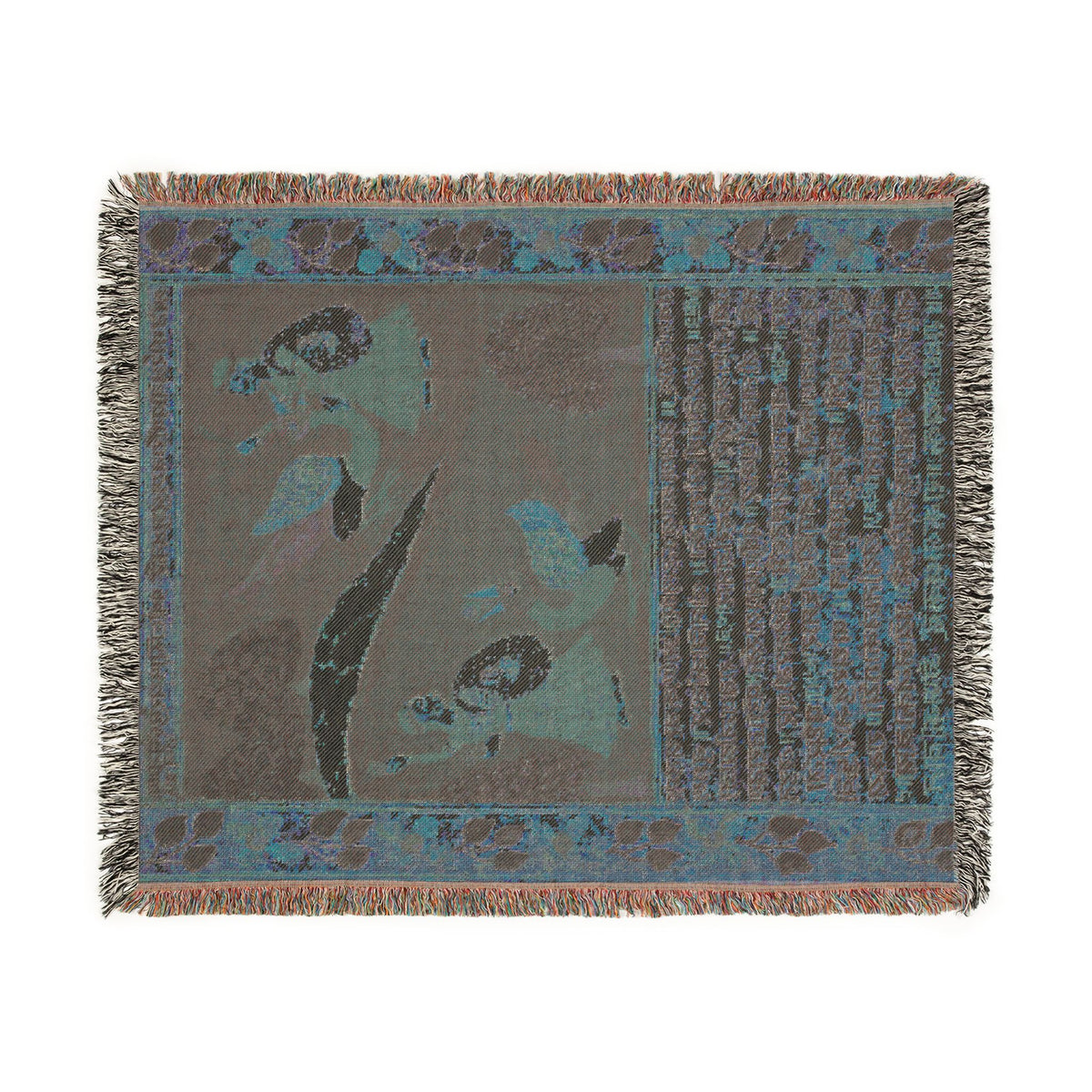 Ravana Jatayu blanket reverse side flat lay, blue-gray muted manuscript art, battle scene barely visible, fringe edge