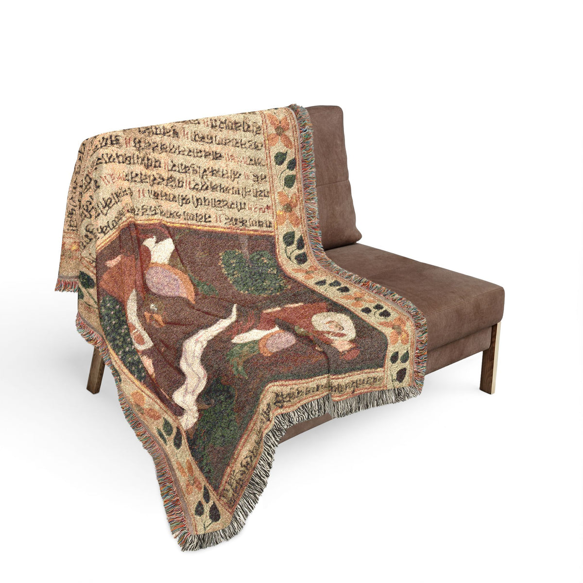 Ravana Jatayu blanket on gray sofa, Indian manuscript battle scene in brown earth tones, script border, fringe visible