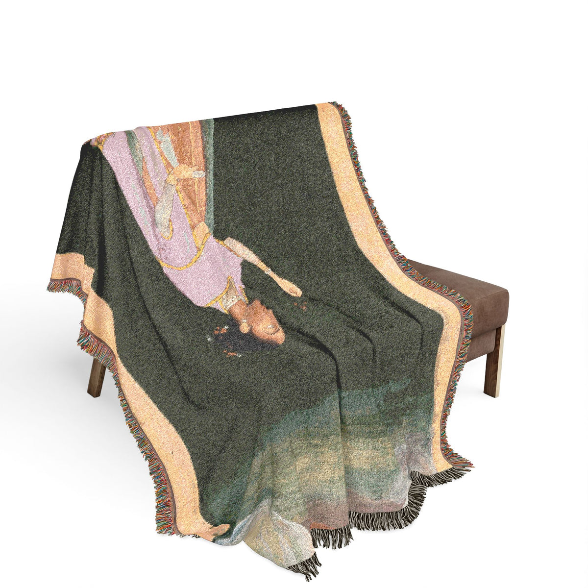 Royal Woman Holding a Flower Woven Throw Blanket bench drape, Indian royal in lavender and teal over wooden bench, fringe