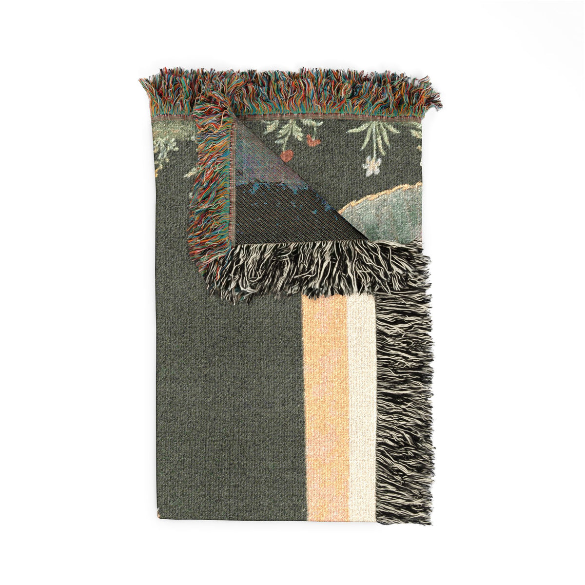 Royal Woman Holding a Flower Woven Throw Blanket folded corner, pink and dark green portrait with back visible, fringe