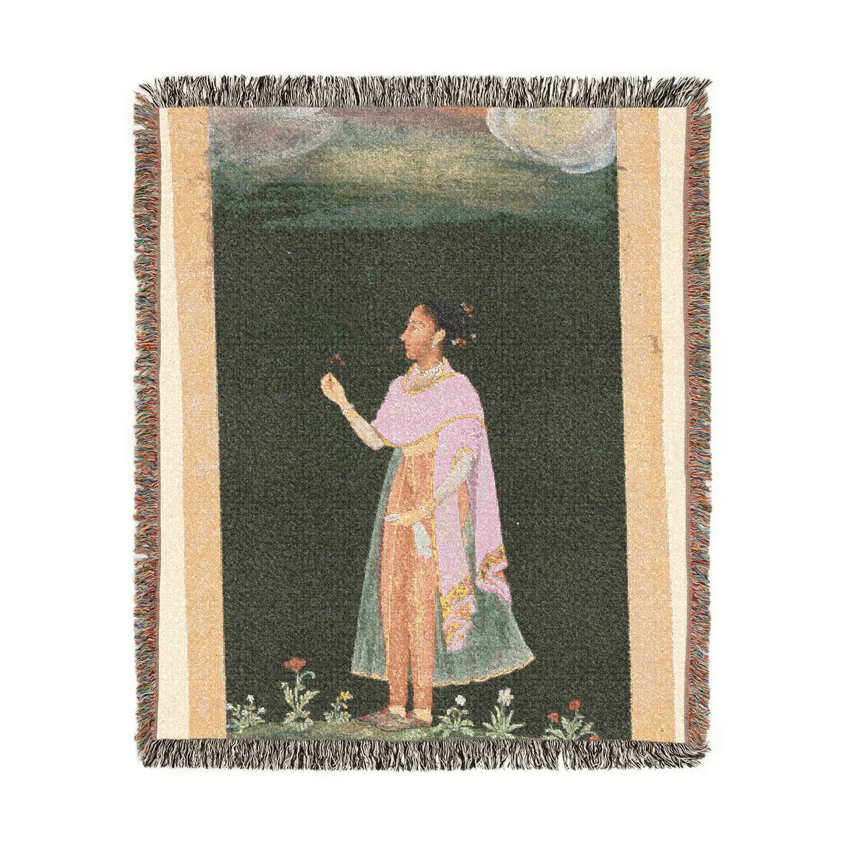 Royal Woman Holding a Flower Woven Throw Blanket flat lay, Mughal figure in pink robe on dark green, cream border, fringe