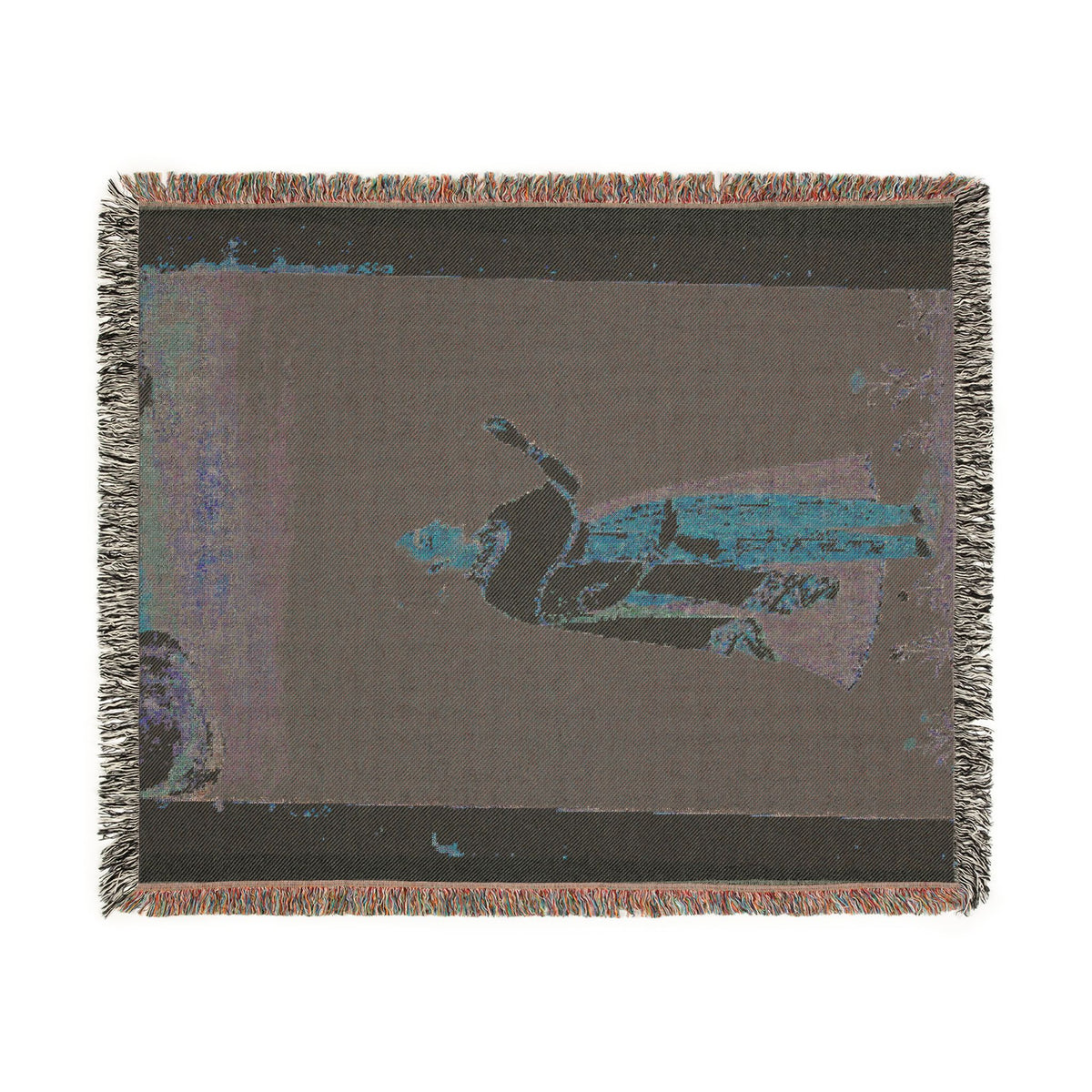 Royal Woman Holding a Flower Woven Throw Blanket reverse flat lay, subdued Mughal tones on back weave, multicolor fringe