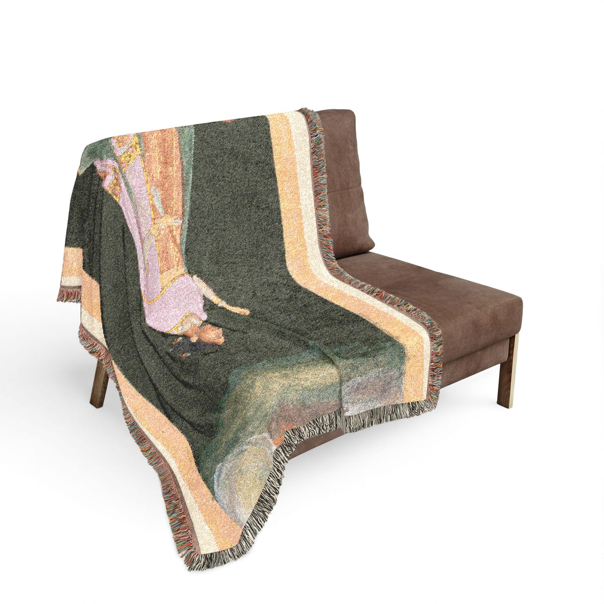 Royal Woman Holding a Flower Woven Throw Blanket sofa drape, Mughal royal in pink robe across sofa back, fringe edge