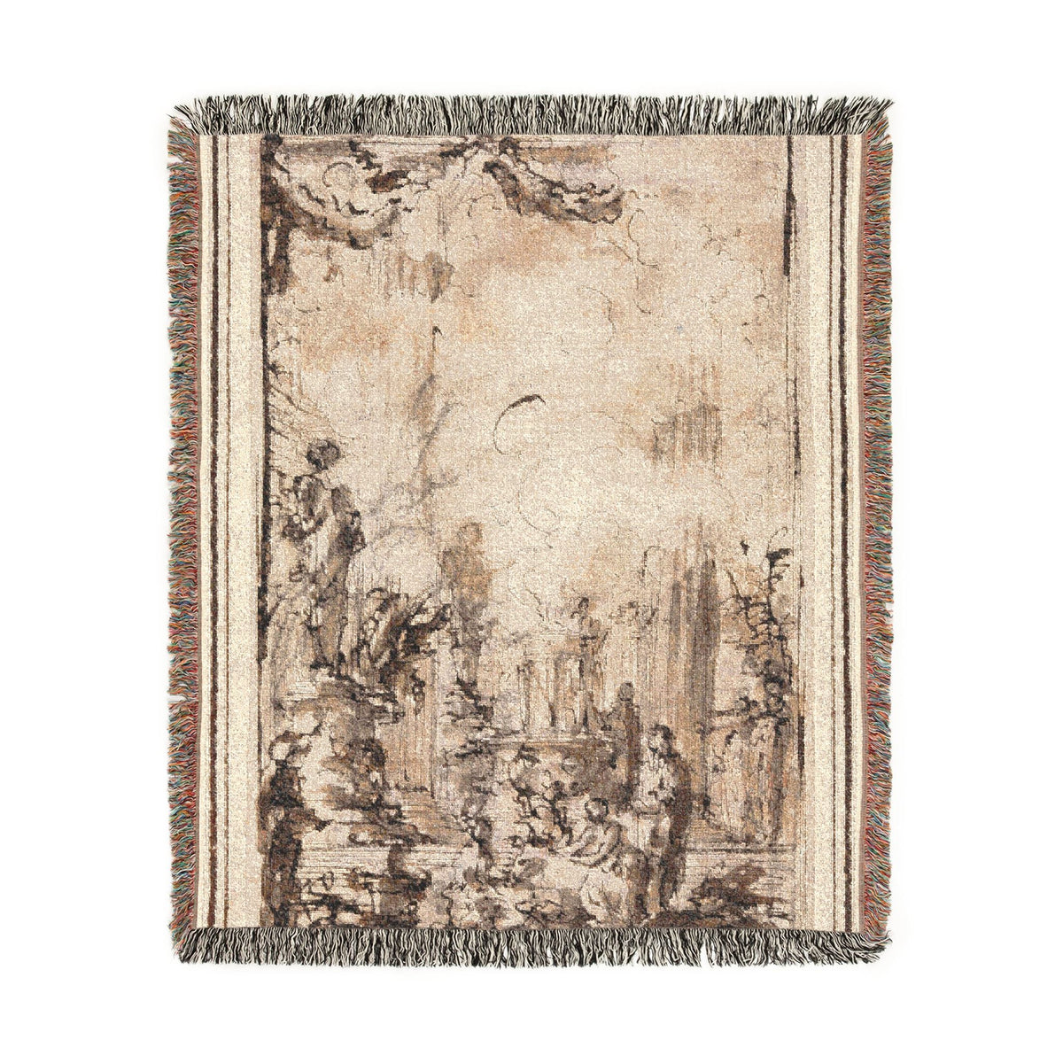 Sacrificial Offering in a Temple throw blanket flat front, cream with sepia-brown ink temple scene and figures, fringe border