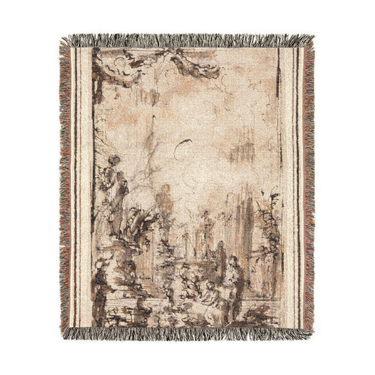 Sacrificial Offering in a Temple throw blanket flat front, cream with sepia-brown ink temple scene and figures, fringe border