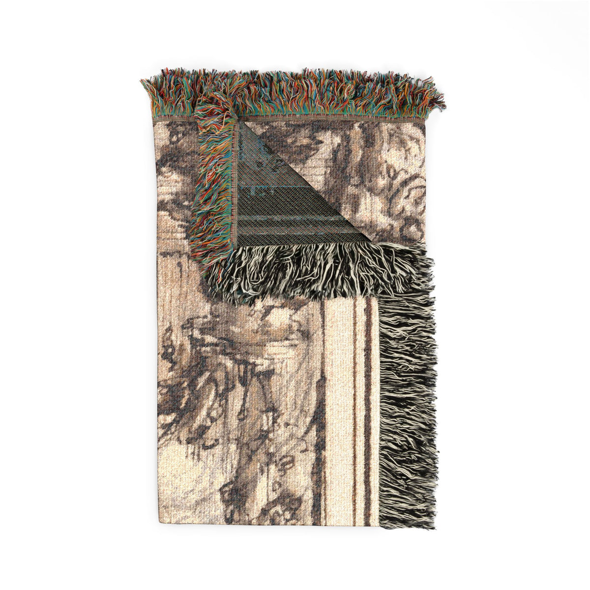 Sacrificial Offering in a Temple throw blanket folded, sepia front with plain gray reverse, colorful fringe, folded corner