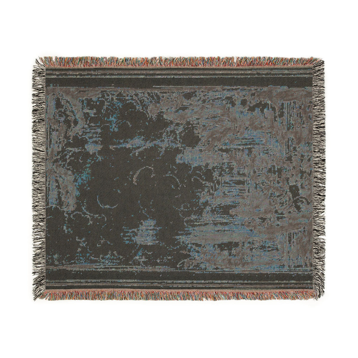 Sacrificial Offering in a Temple throw blanket flat reverse, dark charcoal with blue-teal abstract woven pattern, fringe