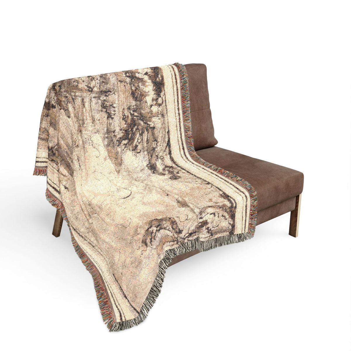 Sacrificial Offering in a Temple throw blanket over sofa, cream sepia-brown sketch with striped border, fringe flowing