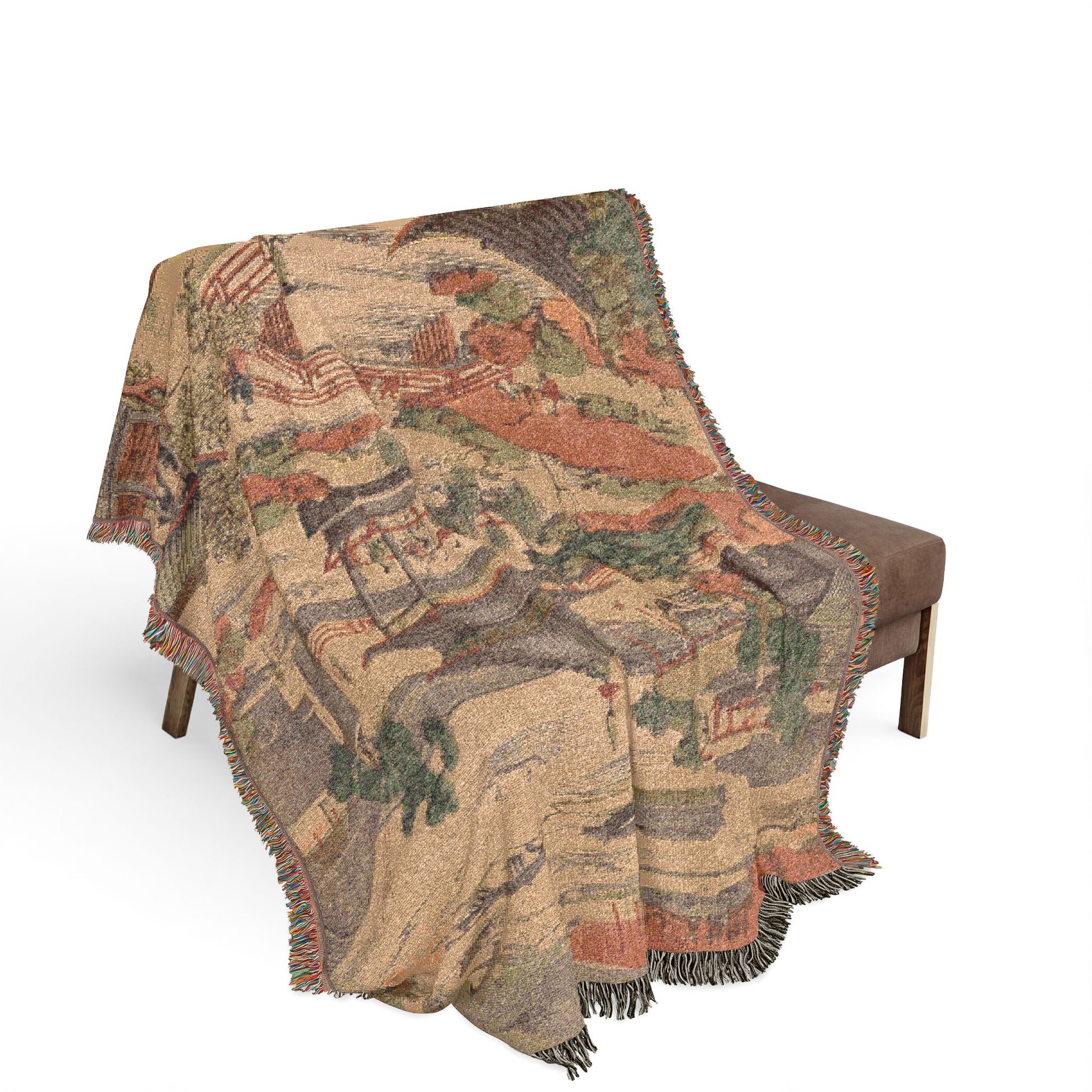Scenic View of Suzhou throw blanket draped over bench, terracotta rooftops, rust-red foliage cityscape, fringe cascading down