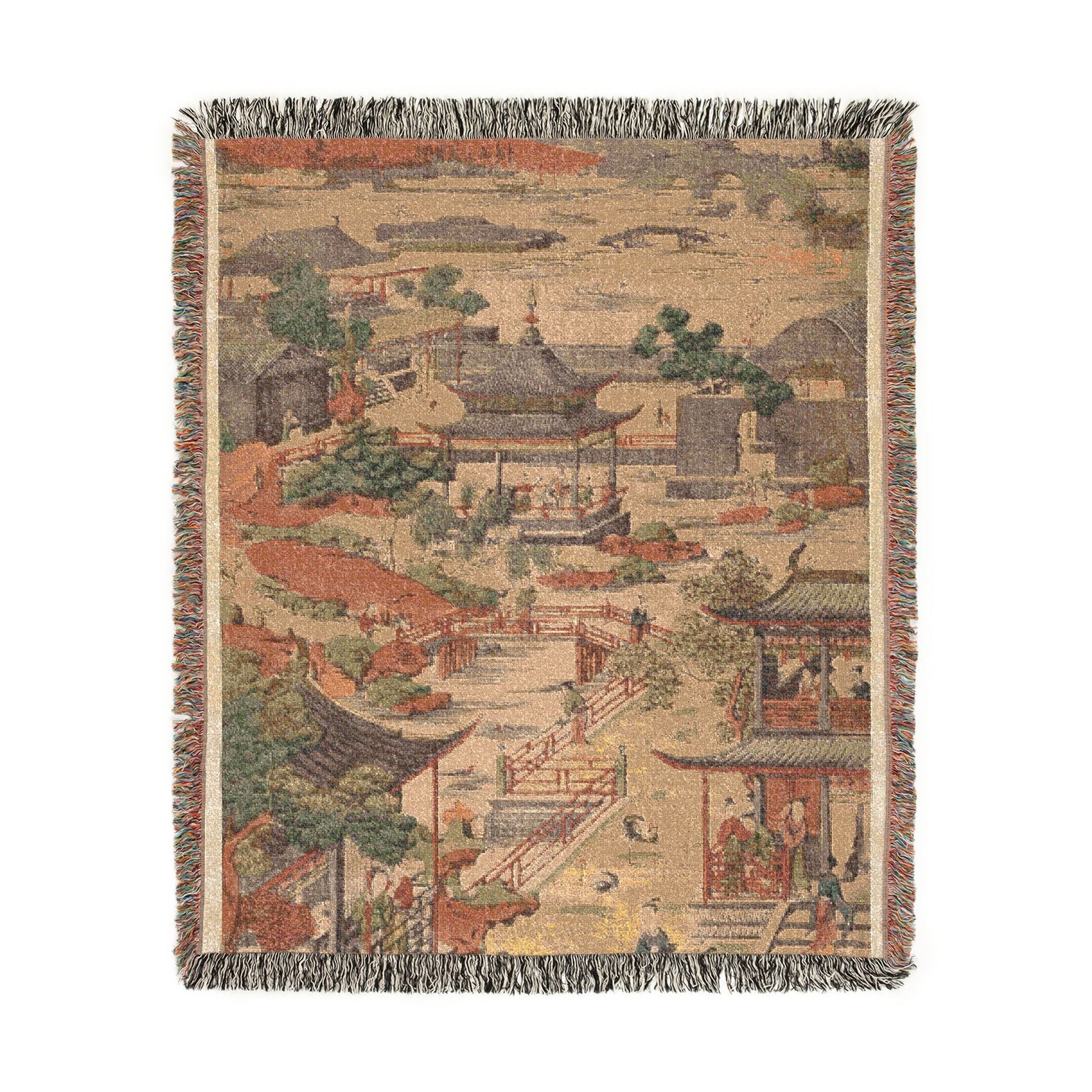 Scenic View of Suzhou throw blanket flat front, beige with Chinese cityscape, terracotta rooftops, green trees, fringe border