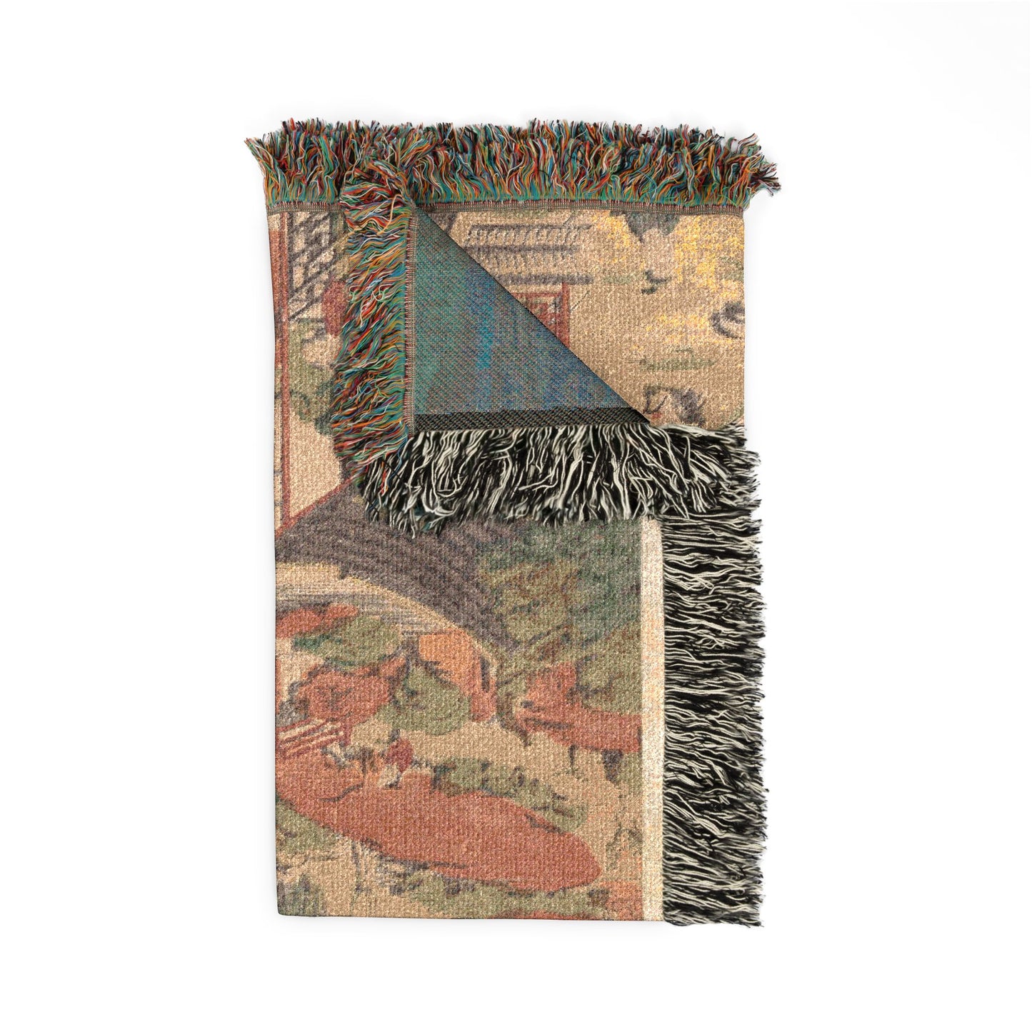 Scenic View of Suzhou throw blanket folded, beige cityscape front with dark charcoal reverse and colorful fringe corner