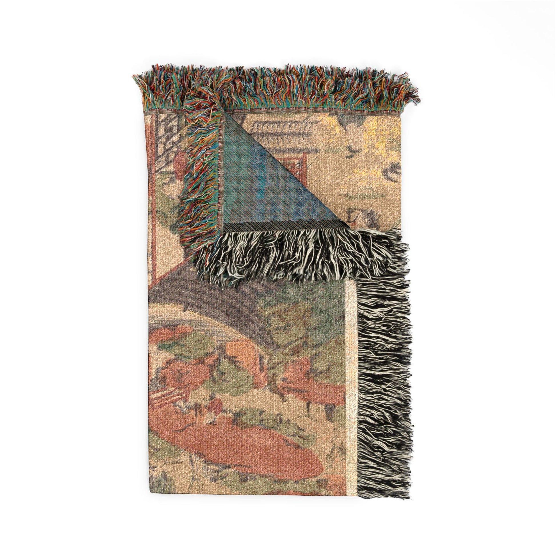 Scenic View of Suzhou throw blanket folded, beige cityscape front with dark charcoal reverse and colorful fringe corner
