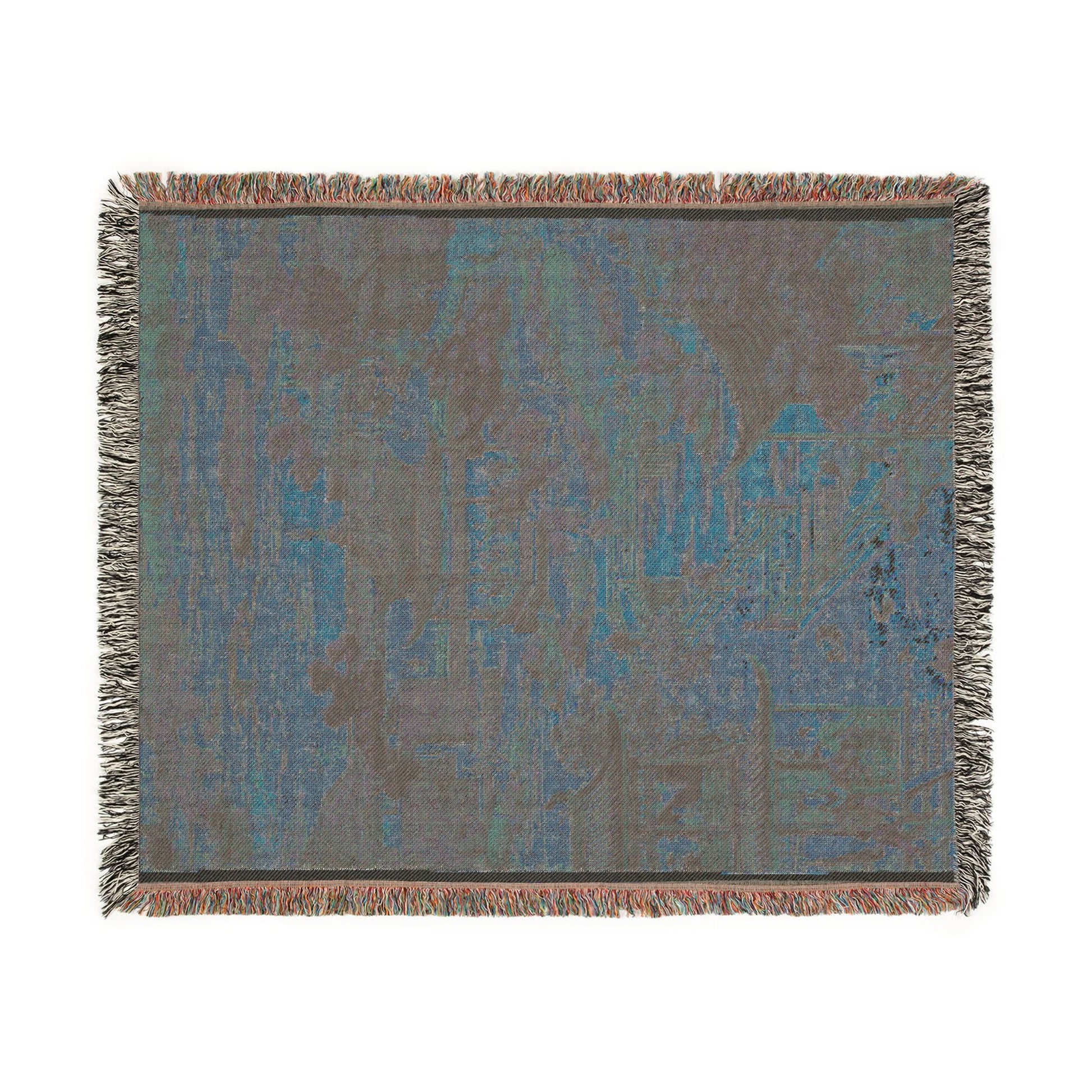 Scenic View of Suzhou throw blanket flat reverse, dark charcoal-gray with blue-teal abstract cityscape woven pattern, fringe