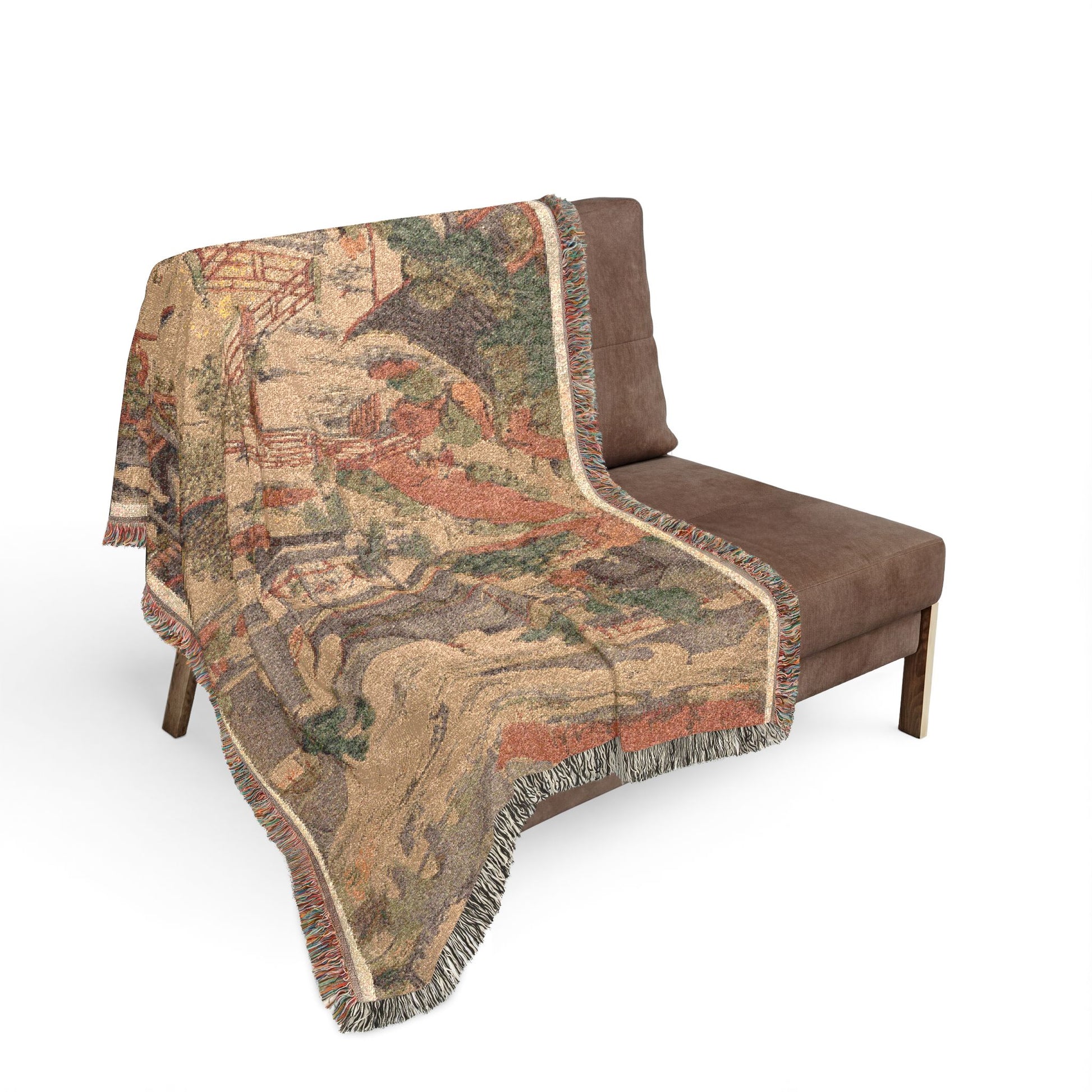 Scenic View of Suzhou throw blanket over sofa, terracotta-rust, sage-green and beige Chinese cityscape, fringe, sofa styling