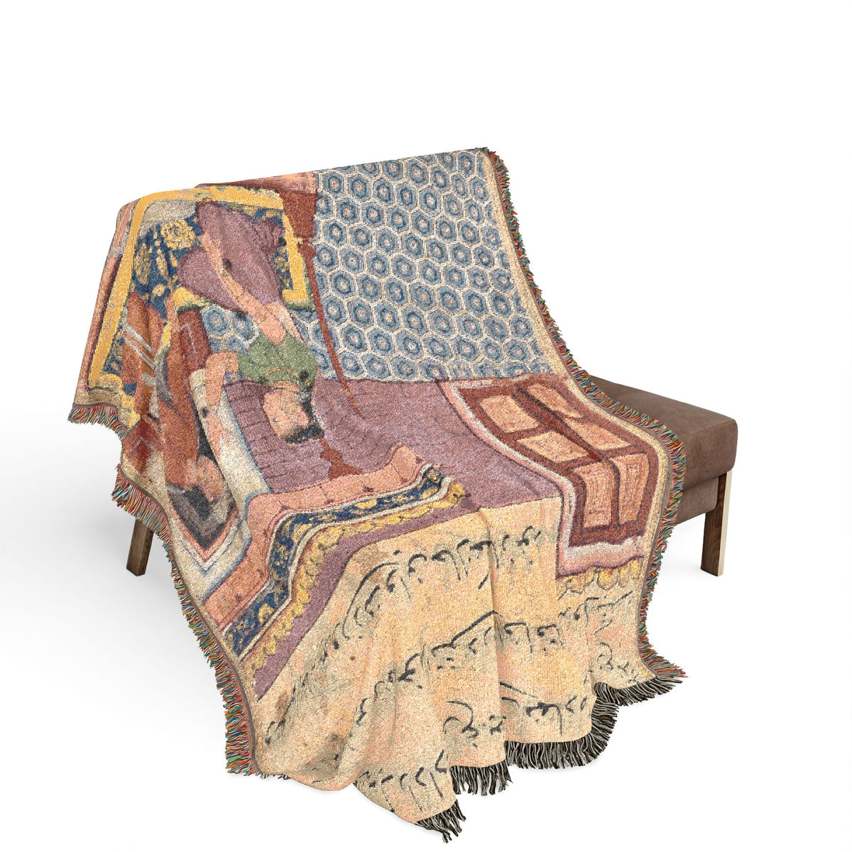 The Pious Man's Wife and the Seven-Colored Bird woven throw blanket draped over a sofa