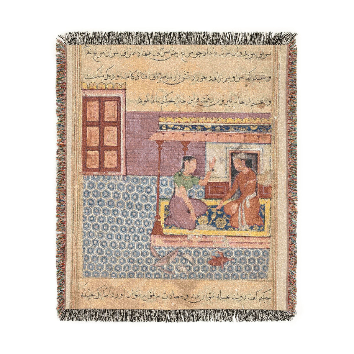 The Pious Man's Wife and the Seven-Colored Bird woven throw blanket, flat lay