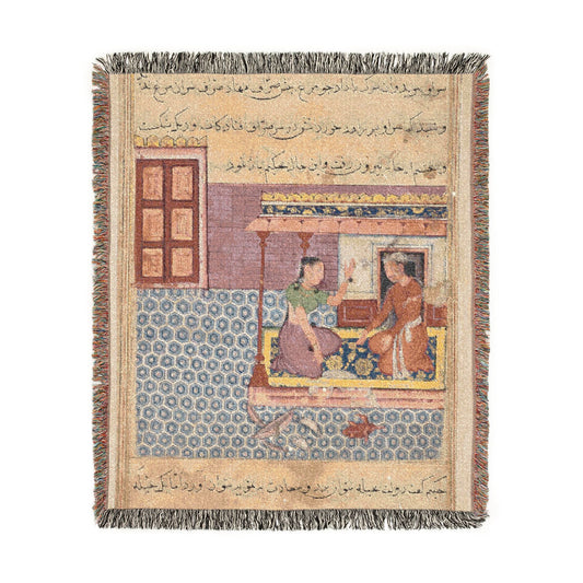 The Pious Man's Wife and the Seven-Colored Bird woven throw blanket, flat lay