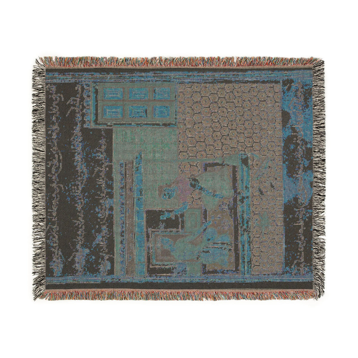 Seven-colored bird blanket reverse side, blue-gray muted Persian interior hex tile pattern and figure faintly visible, fringe