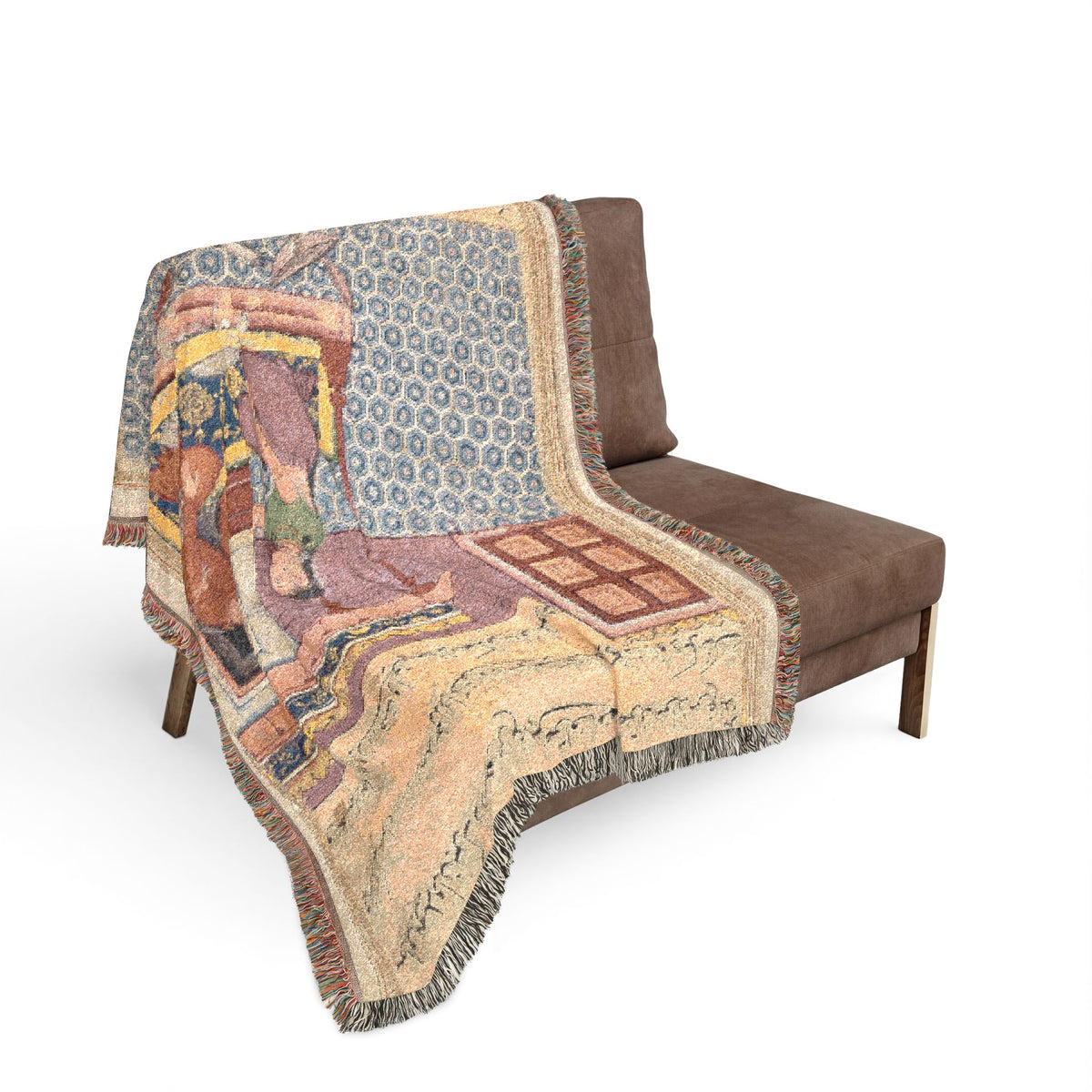 Seven-colored bird blanket on gray sofa, Persian miniature with blue hex tiles, figure and wood-frame window visible, fringe