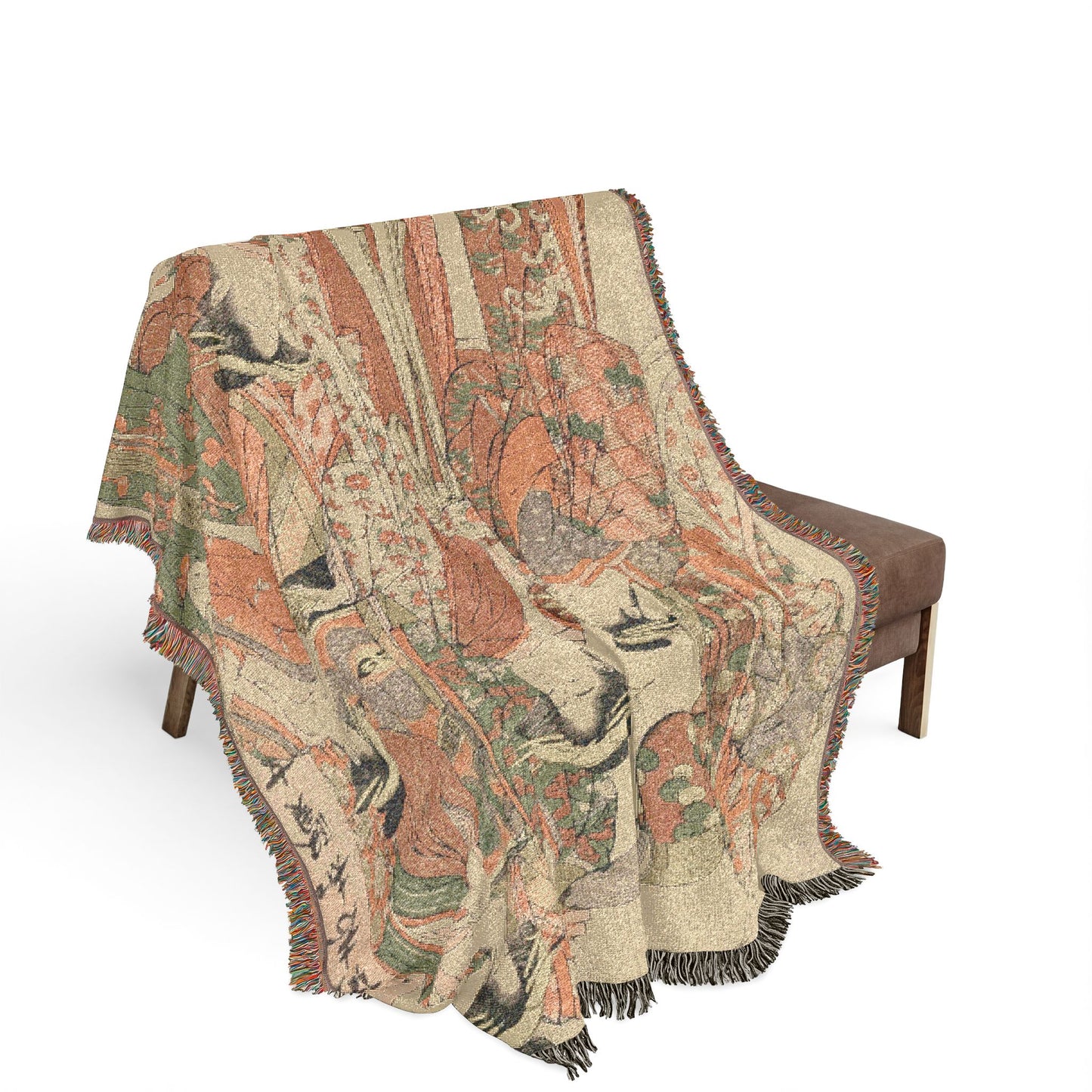 Seven Wise Women blanket draped over bench, overlapping court robes in orange-red and green, cream ground, fringe edges