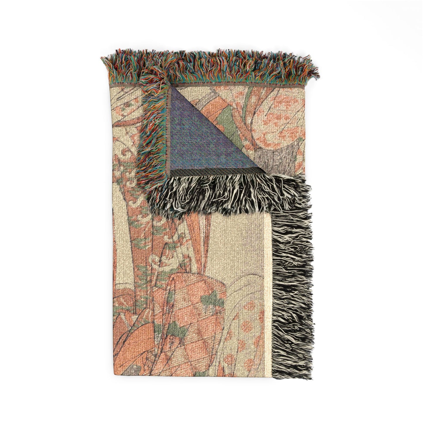 Seven Wise Women blanket corner fold, orange-red court robe detail on cream front, blue-purple reverse, multicolor fringe