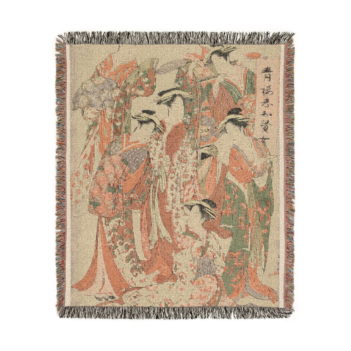Seven Wise Women blanket front, dense flowing court robes in orange-red and green, Japanese calligraphy, cream ground, fringe