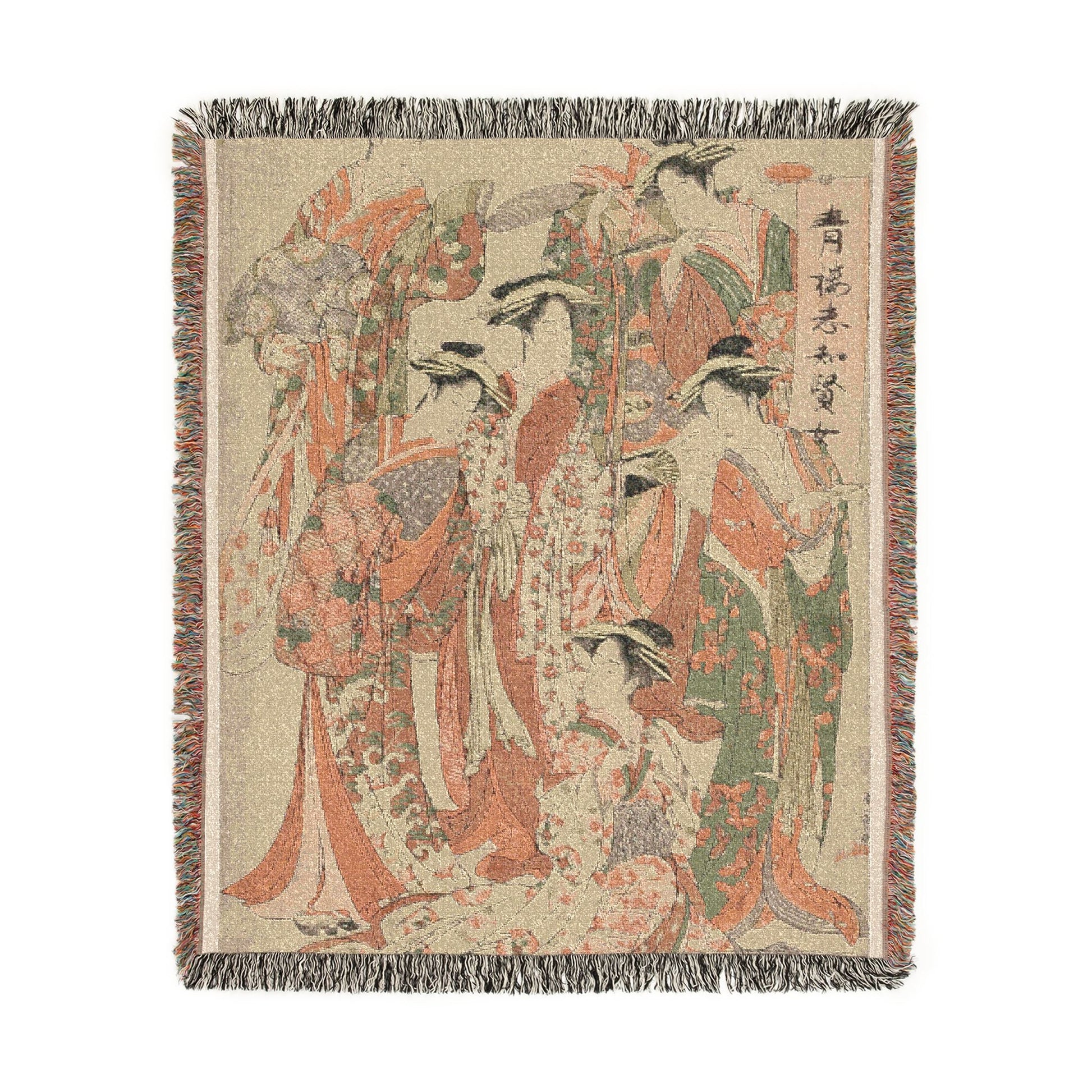 Seven Wise Women blanket front, dense flowing court robes in orange-red and green, Japanese calligraphy, cream ground, fringe