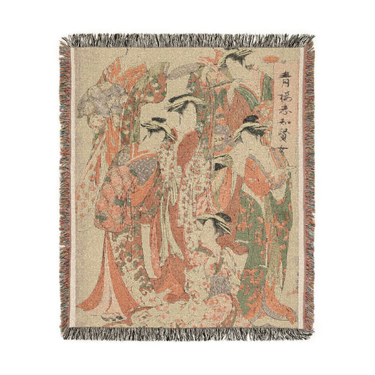 Seven Wise Women blanket front, dense flowing court robes in orange-red and green, Japanese calligraphy, cream ground, fringe