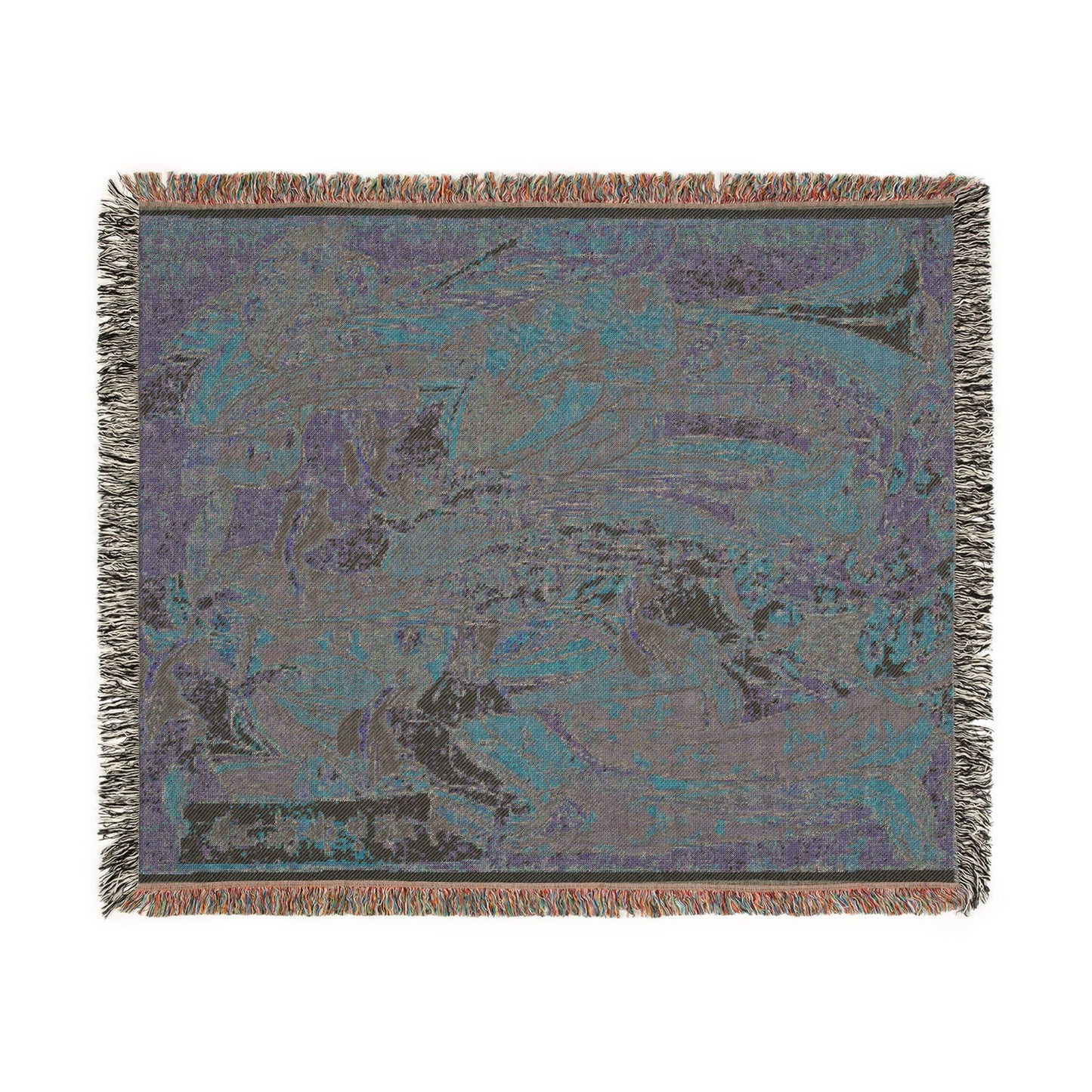 Seven Wise Women blanket reverse side flat lay, muted blue-purple tones, flowing robe forms barely visible, fringe edges