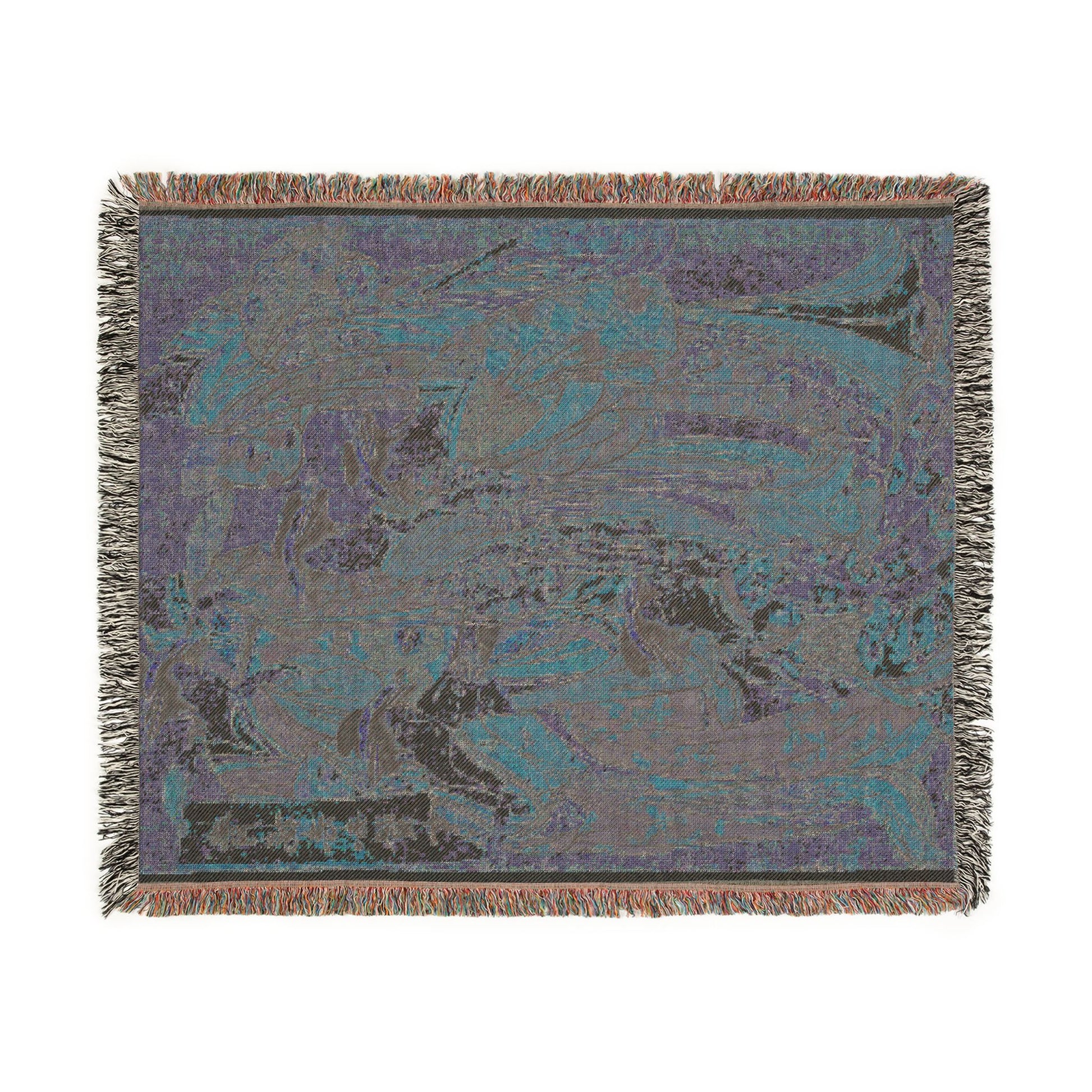 Seven Wise Women blanket reverse side flat lay, muted blue-purple tones, flowing robe forms barely visible, fringe edges