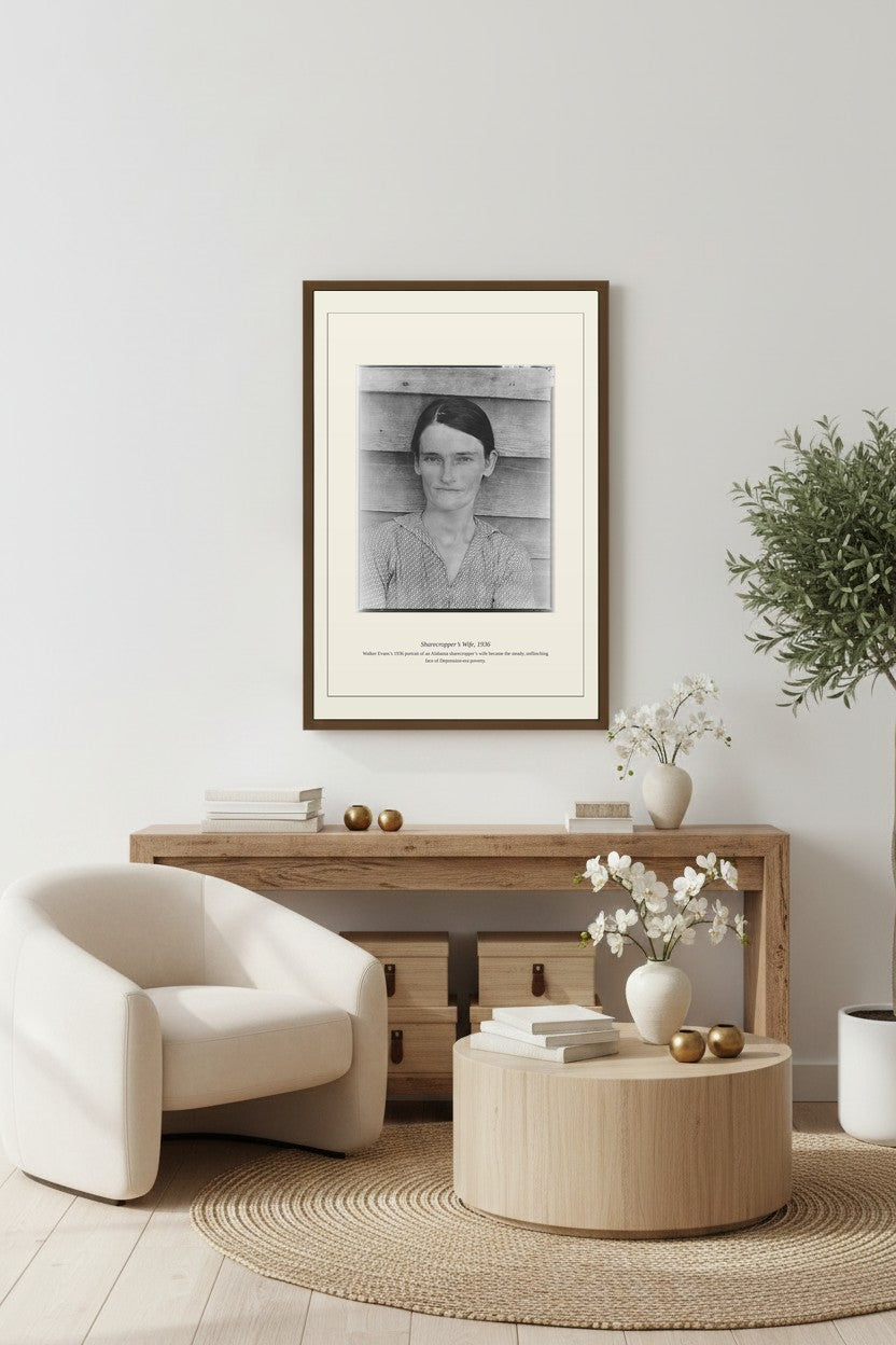 Sharecropper's Wife photo framed in a cozy room with round wood coffee table