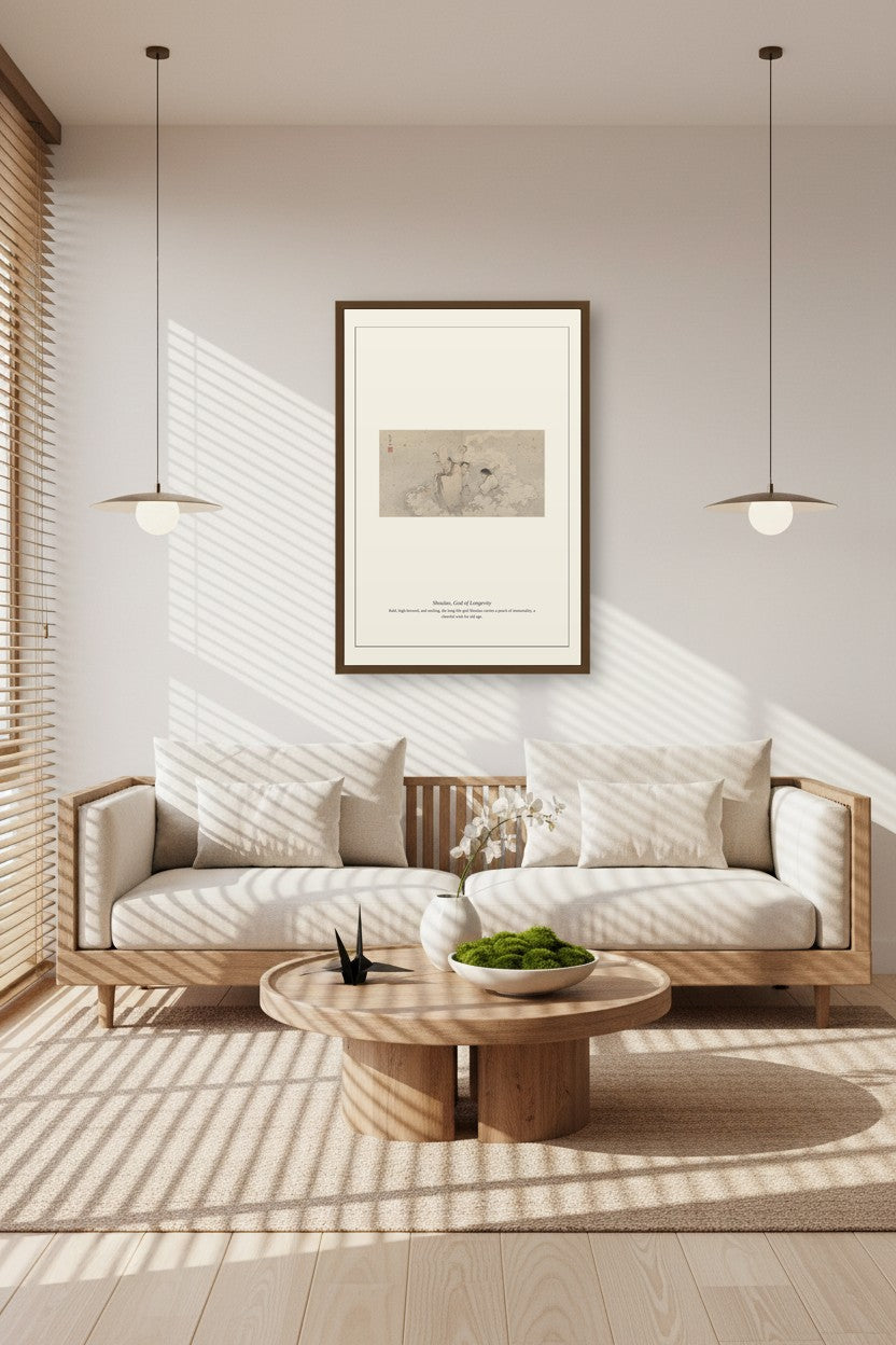 Shoulao God of Longevity print hung in a sunlit Scandinavian living room