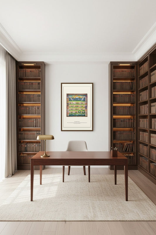 Shrinathji Pichwai print framed in a dark wood library beside a writing desk
