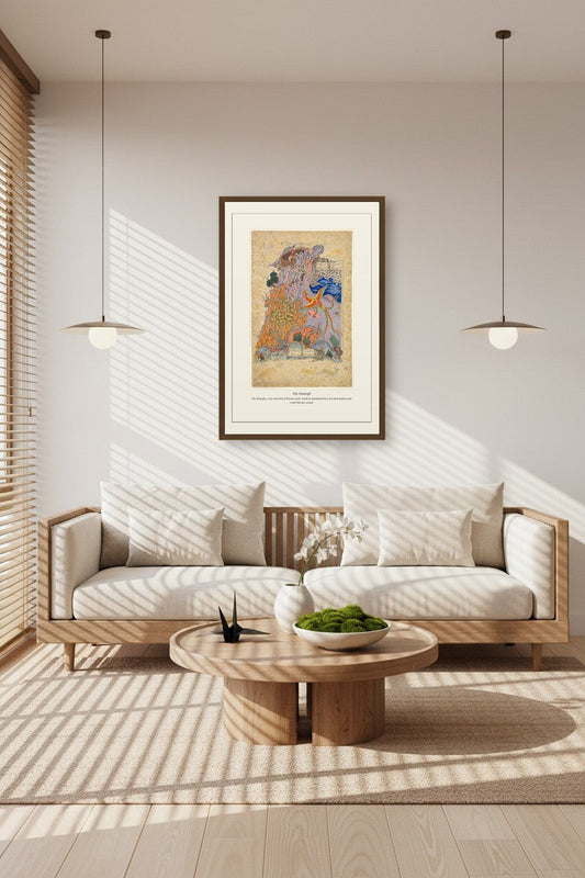 Framed Simurgh illumination displayed in a wood-paneled dining room above a sideboard